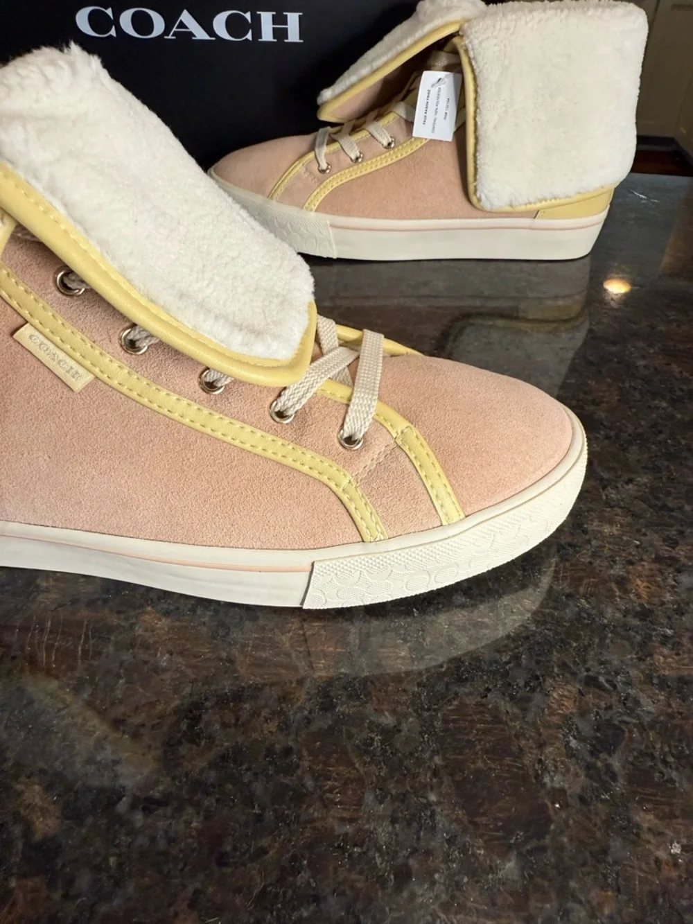 Coach City Soul Suede Fold Over Shearling Sneakers in Blush and Cream